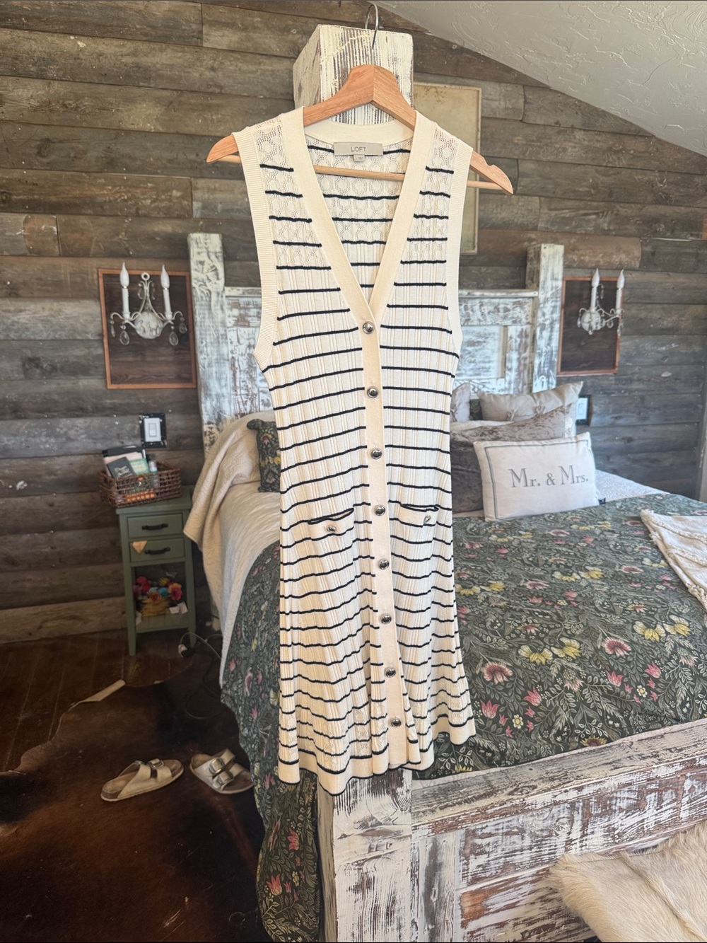 LOFT Cream and Navy Striped Sleeveless Button-Front Knit Midi Dress